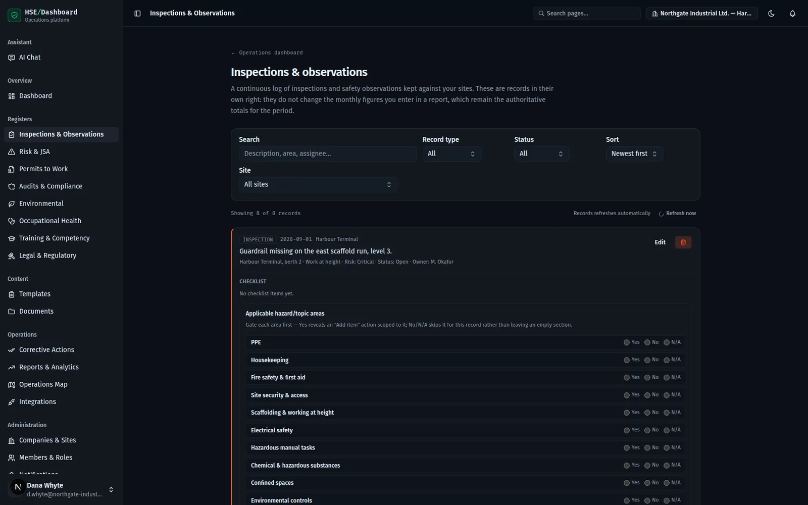 The inspections and observations register, with search, record-type, status, site and sort controls above a critical finding and its checklist.